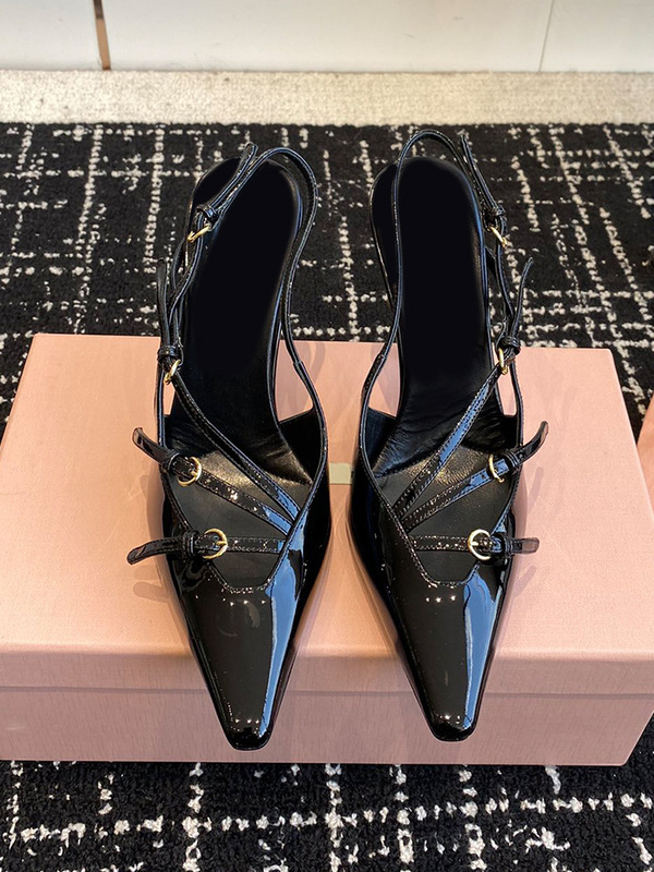 miu*の同スタイルブラックトゥトゥスティレットヒール多用途サンダル、女性用パテントレザーリボンバックストラップ付きスモールスクエアトゥハイヒール|undefined