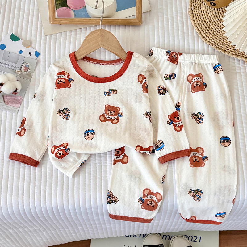2025 New Children's Pure Cotton Home Clothes Set Summer Long Sleeve Pajamas Thin Air Conditioning Clothes for Boys and Girls Wholesale