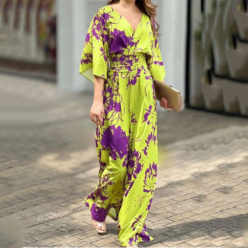 Mono elegante de manga murciélago con estampado holgado y cintura alta para mujer, nueva colección primavera-verano 2025 de comercio exterior transfronterizo.