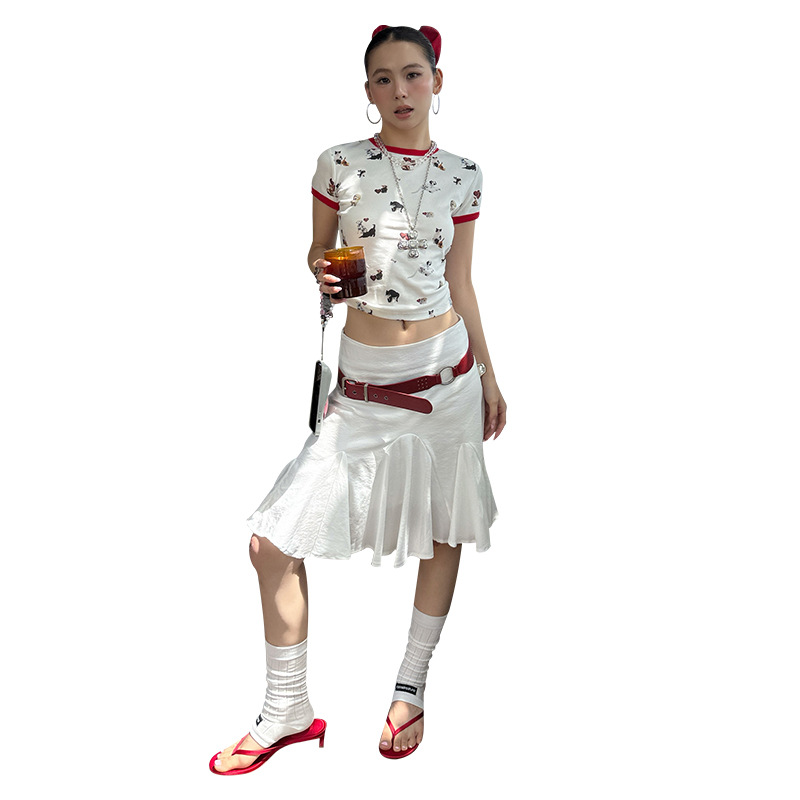 MMFISH moda estilo occidental retro chica caliente estampado nicho diseño sentido contraste color gato perro camiseta de manga corta 25T259