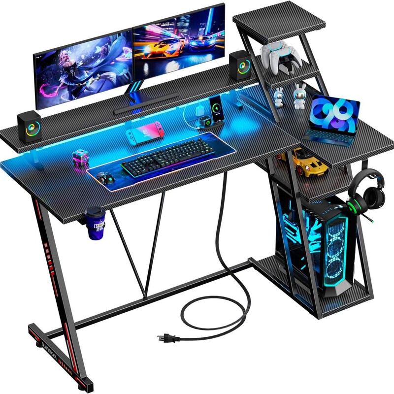 Reversible Corner Gaming Desk with Led Lights and Power Outlet Computer Desk with Extra Storage Shelves