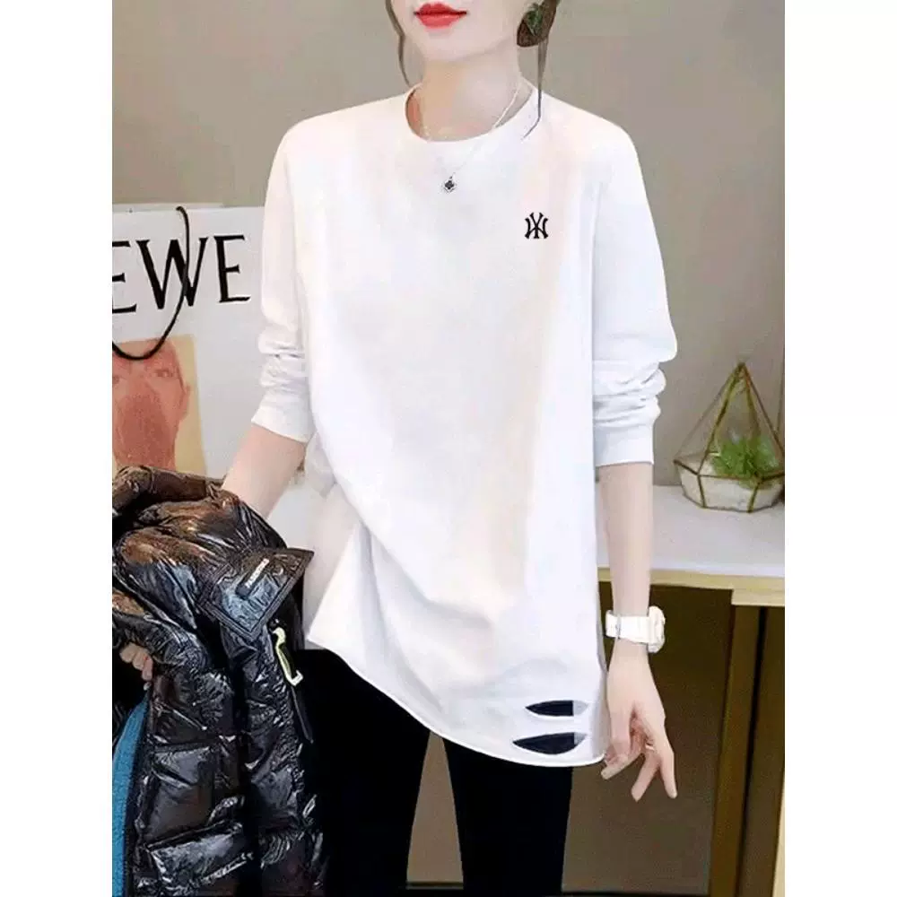 2024 new autumn and winter white bottoming shirt women's inner long cotton long sleeve T-shirt top