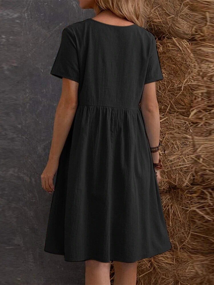 2026 Summer European And American Retro Loose Pocket Solid Color Round Neck Women's Dress_ecoleips.com