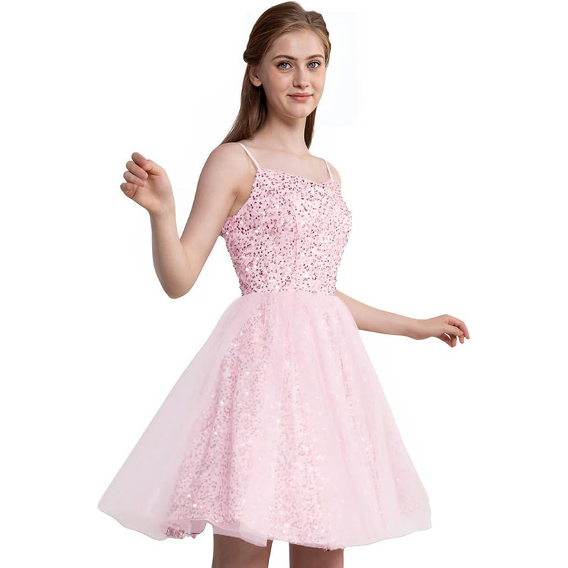 Sequined Tulle Prom Dresses Short Prom Gowns Straps Sparkly Evening Dresses Formal Party Gowns