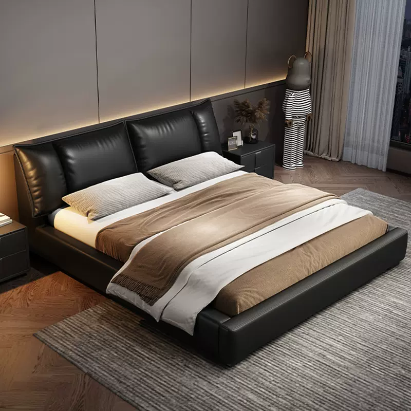 轻奢风头层牛皮床高端大气主卧室1.8米真皮床现代简约软包双人床