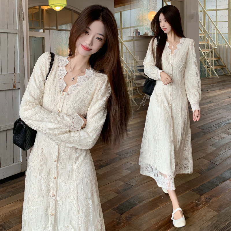 Xfj11186 French Gentle Style Lace Dress for Women 2025 Autum Slimming Look Bottoming Long Skirt for Small People