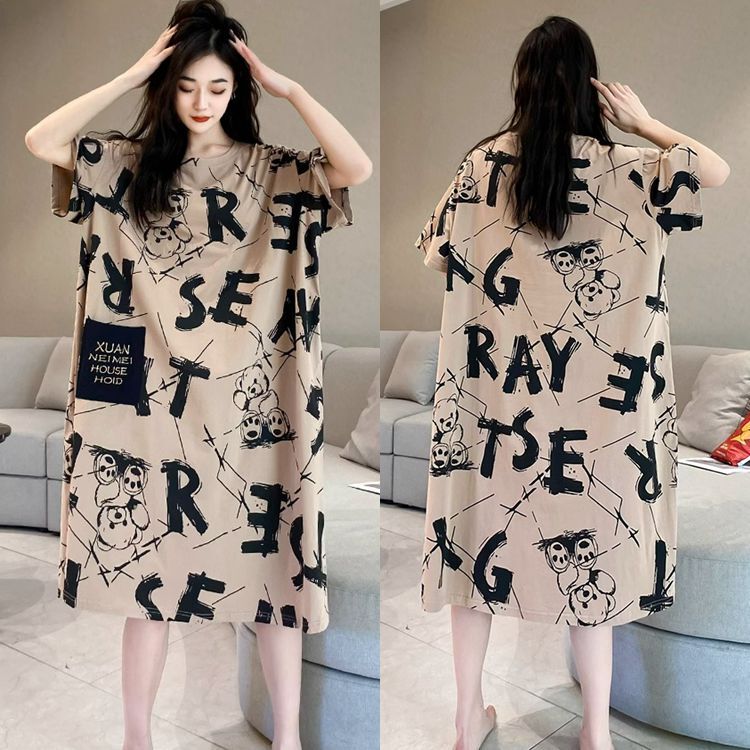 Ins Style Short-Sleeved Nightgown for Women Summer Cute Cartoon Popular Pajamas Mid-Length Maternity Home Clothes Large Size 100kg