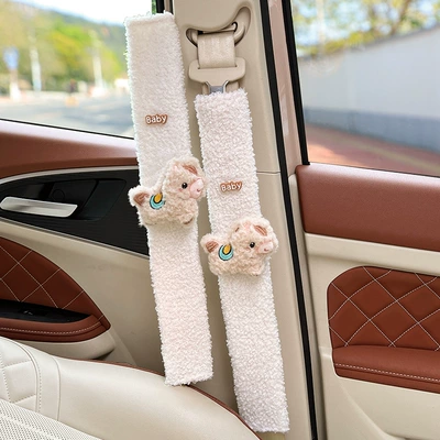 Seat belt shoulder pad, Wool, Non-Tightening, Non-Shedding, Extended Belt Covers - khaki-plush-pony-white-lambswool-shoulder-pads-49cm-pair