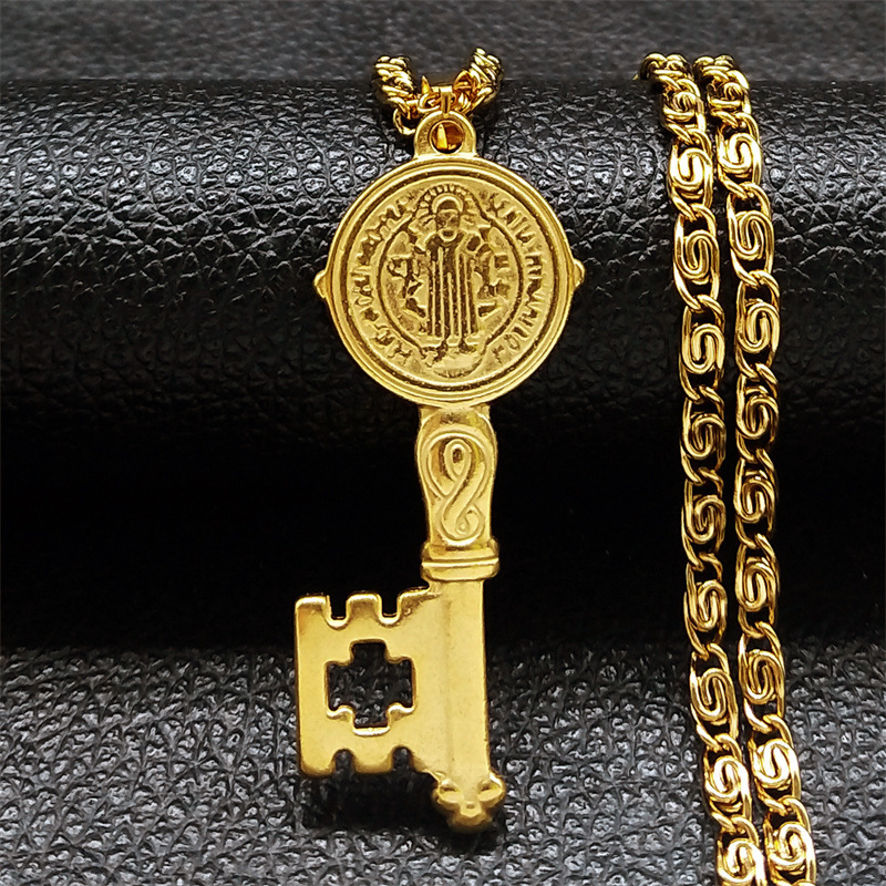 St Benedict Key of Life pendant necklace for women men stainless steel hip hop St Benito medal item St Benedict Key of Life pendant necklace for women men stainless steel hip hop St Benito medal item