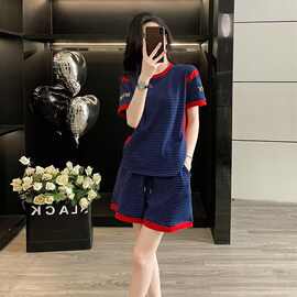 跨境时尚洋气休闲运动套装女2026夏季新款条纹短袖T恤短裤两件套
