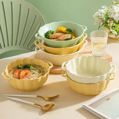 Modern simple cream solid color matte ceramic double-ear bowl household pumpkin embossed ramen bowl creative anti-scalding soup bowl