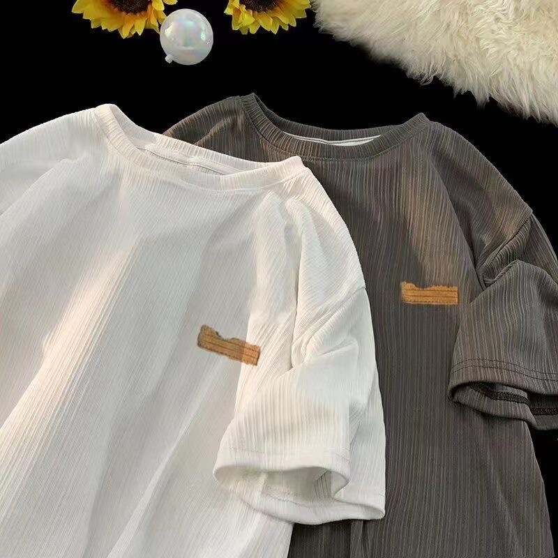 Ice Silk Short-sleeved T-shirt Men's Loose Vintage Labeling Ins Trendy Hong Kong Style Thin Half-sleeved Summer Texture Pattern Base Shirt for Men
