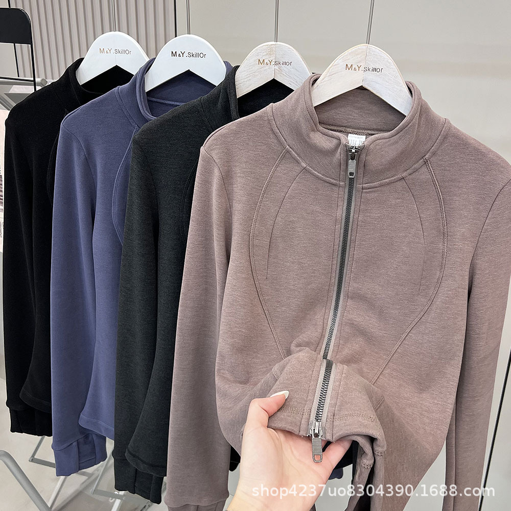 Sports Style Simple Stand-Up Collar Double Zipper Slim-Fit Jacket for Women, Autumn and Winter Elegant and Age-Reducing Merino Wool Warm Slimming Top