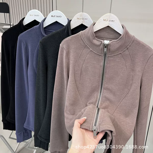 Sports Style Simple Stand-Up Collar Double Zipper Slim-Fit Jacket for Women, Autumn and Winter Elegant and Age-Reducing Merino Wool Warm Slimming Top