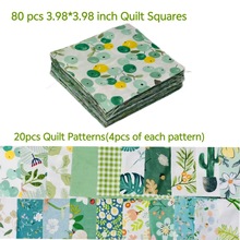 80片绿色花卉绗缝布料组合预切聚酯方块，适合DIY缝纫工艺品拼布