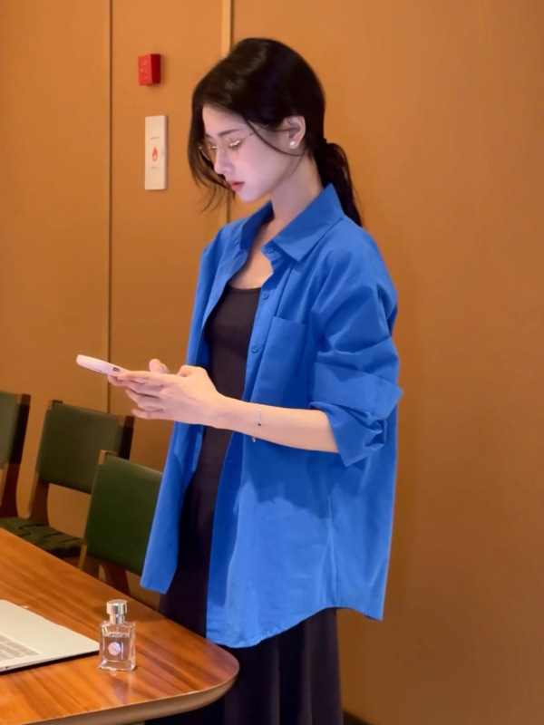 克莱因蓝色衬衫女款2025新款法式气质设计感小众衬衣外套长袖上衣|undefined