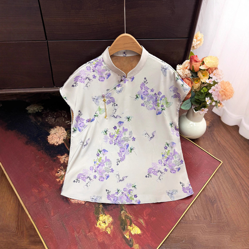 New Chinese Style National Print Blouse for Women 2025 Summer New Stand Collar Diagonal Placket Short Sleeve Top Slim Versatile Shirt