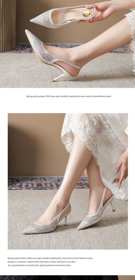 Sandal nữ bít mũi mũi nhọn gót mảnh 6–8 cm chất liệu lưới đính đá quai hậu — Màu be, màu đen chi tiết 8