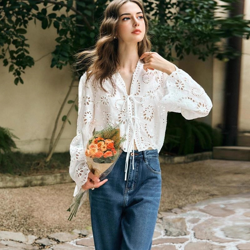 European-Style Milk White Chiffon Shirt for Women, Summer 2026 New Model, Hollow Lace Long-Sleeve Blouse