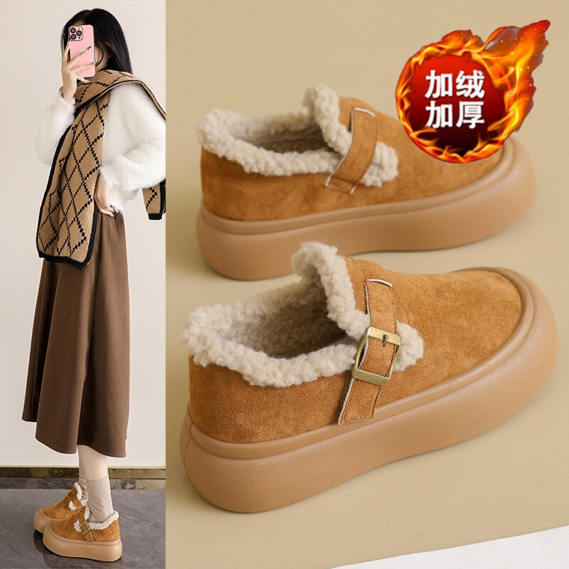 Fleece-Lined Snow Boots for Women, Winter Women's Shoes, Birkenstock Shoes, Thickened Warm Cotton Shoes, Thick-Soled Height-Increasing Furry Shoes, Loafers for Women