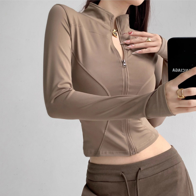 Casual Sports Jacket for Women, Slim Fit, Slimming, Stand-Up Collar, Tight-Fitting Fitness Jacket, Long-Sleeved Running Yoga Top, Spring Season