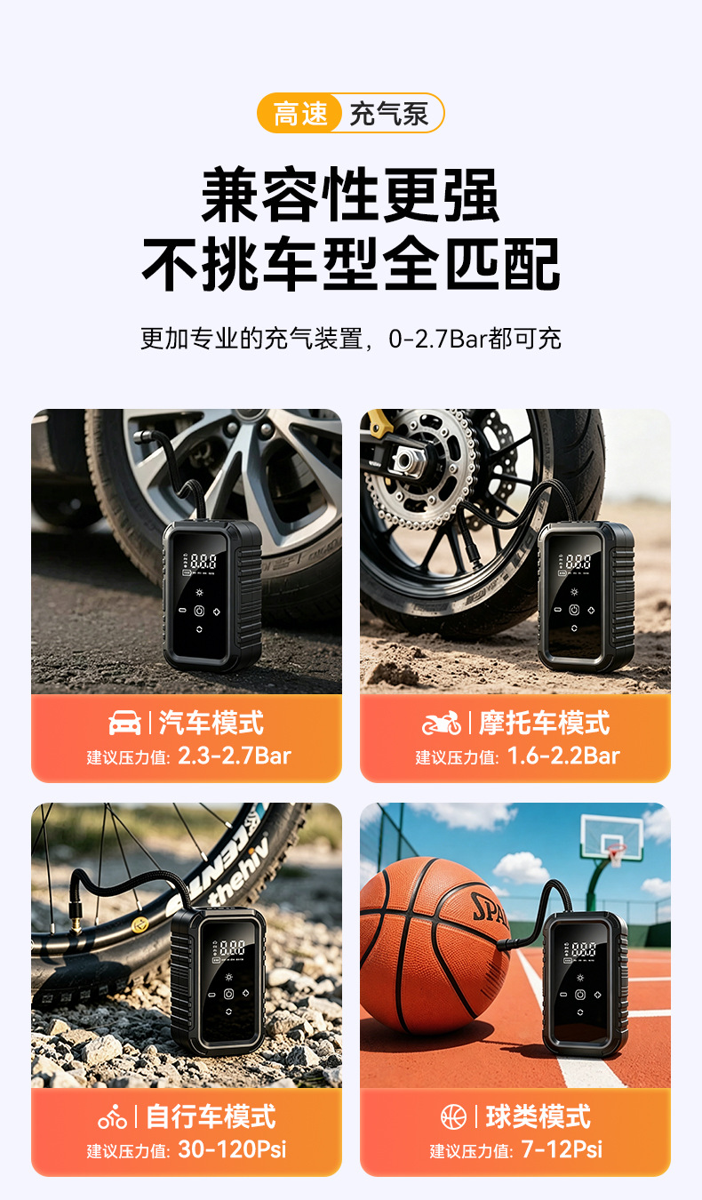 Wireless car air pump, portable metal air compressor for electric vehicles, tire inflator