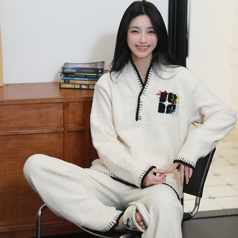 2025秋冬季新款韩版黑色半边绒睡衣女个性简约V领加厚珊瑚绒套装|undefined