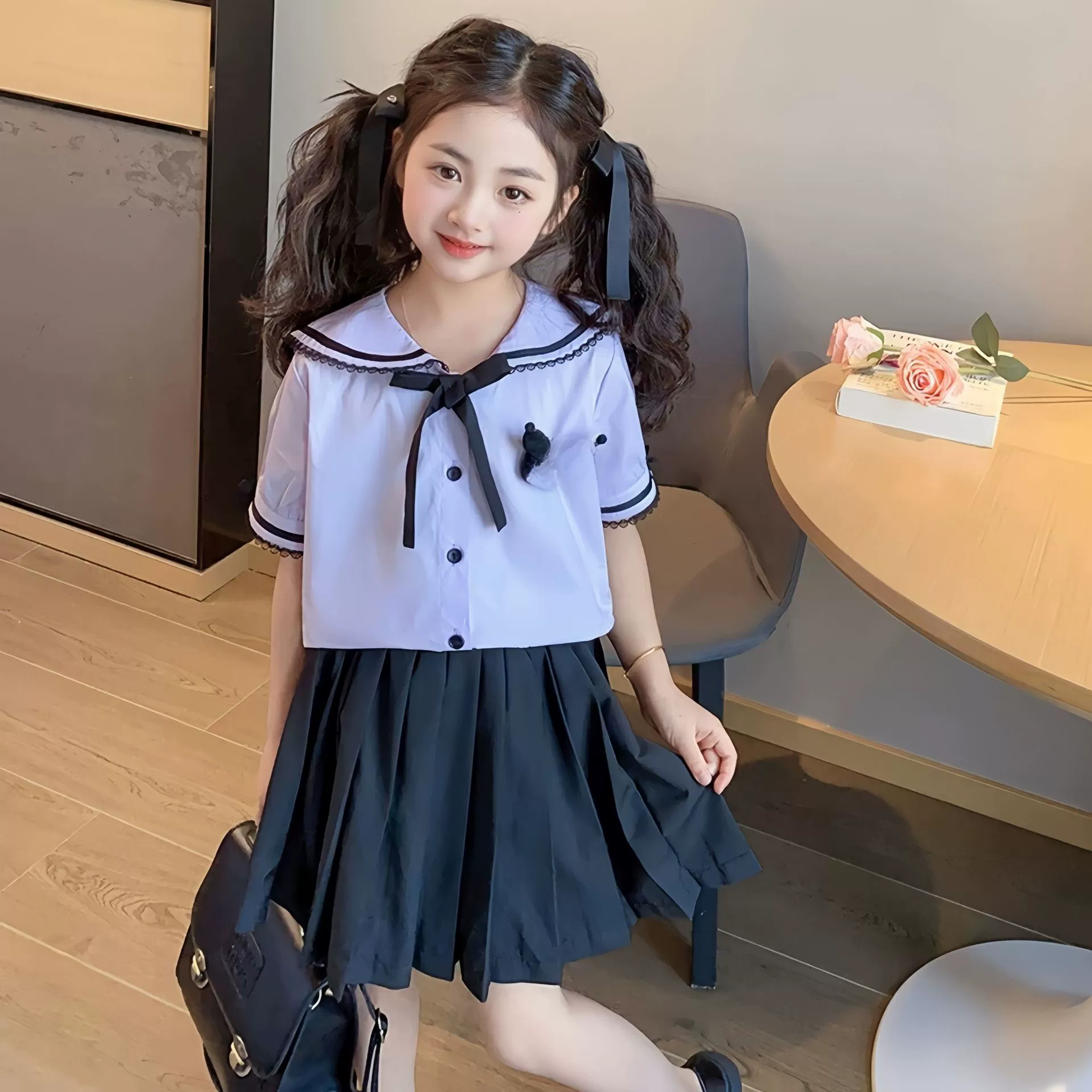 Summer children's set, small princess costume, student pleated skirt, Lolita style, cosplay, with short sleeve