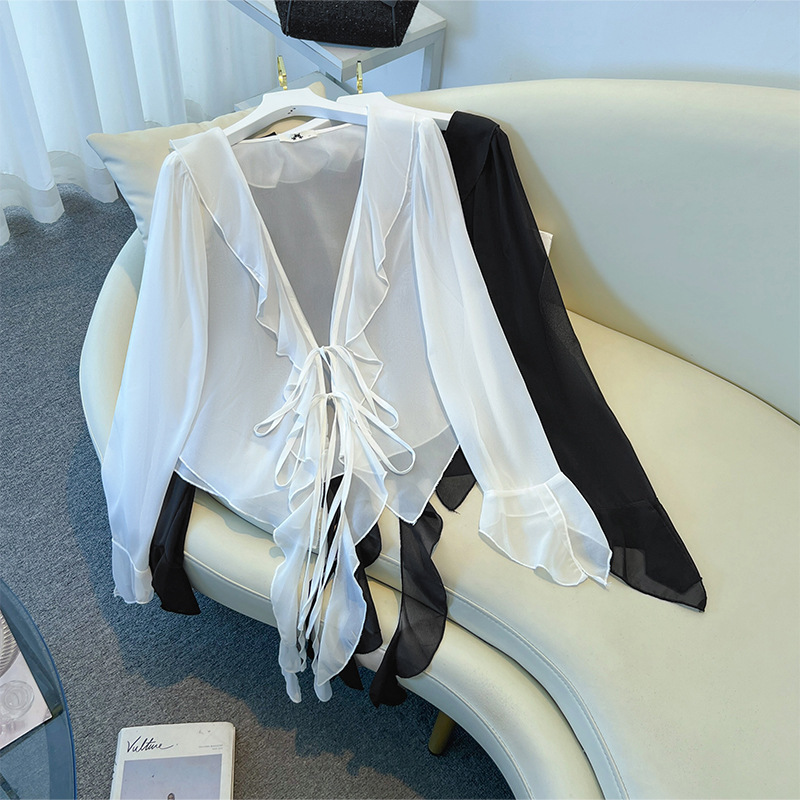 65.00 kg-175.00 kg plus size Women's chubby girl Ruffled Sunscreen Long Sleeve Outer Cardigan Top 2025 Summer New