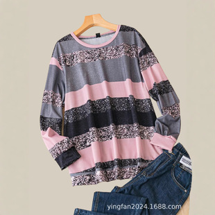 Amazon Tiktok Pinduoduo Foreign Trade Cross-Border European and American Plus Size Women's New Stripesd Pullover Round Neck Sweatshirt