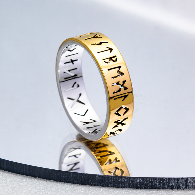 Street Occasion Hip-Hop Retro Symbol Titanium Steel Plating Hollow Out Gold Plated PVD Coated Men's Rings Men Band Rings