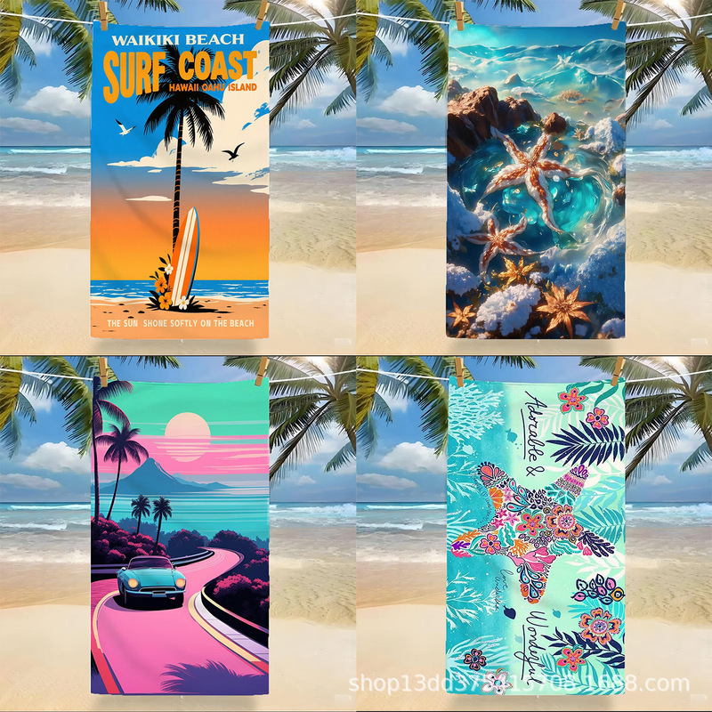 Cross-Border Pod Customizable Digital Printed Microfiber Beach Towel for Travel, Vacation, Swimming, and Absorbent Bath Towel