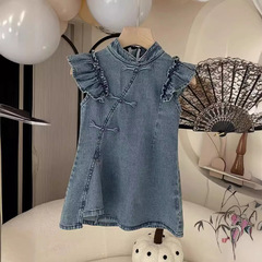 旗袍女童夏裝2024新款兒童漢服中國風夏季連衣裙新中式女孩牛仔裙