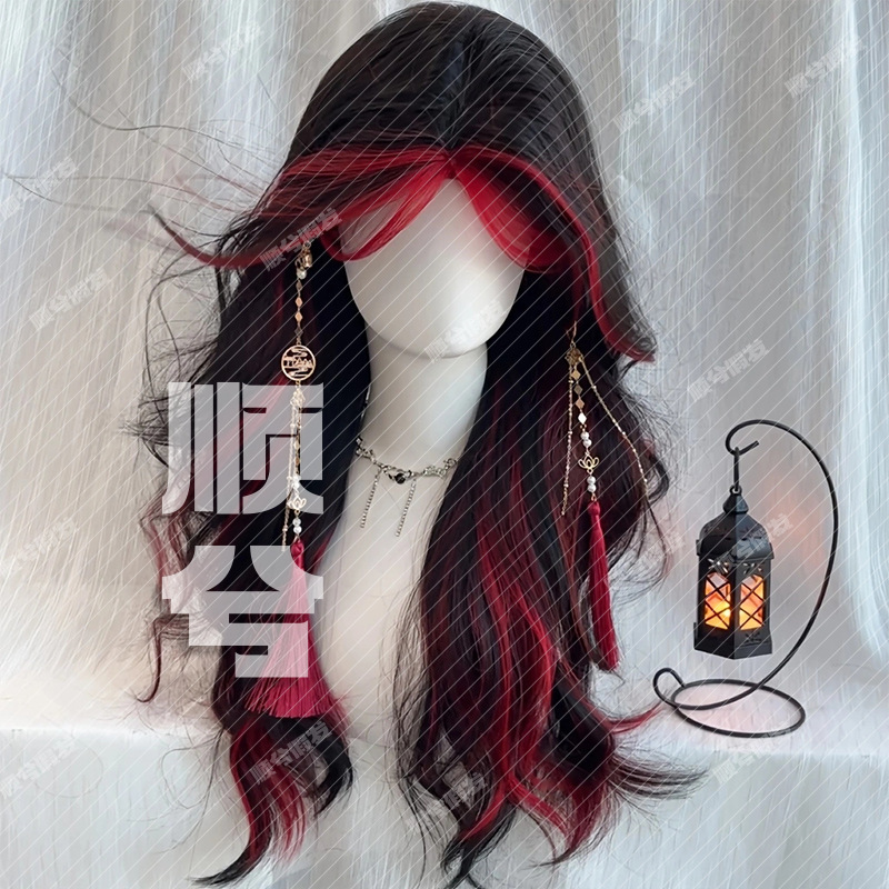 Cross-Border Best-Selling Wig for Women, Red and Black Highlights, Dyed Bangs, Long Curly Hair, Big Waves, Gothic Rose Punk Style Full Wig