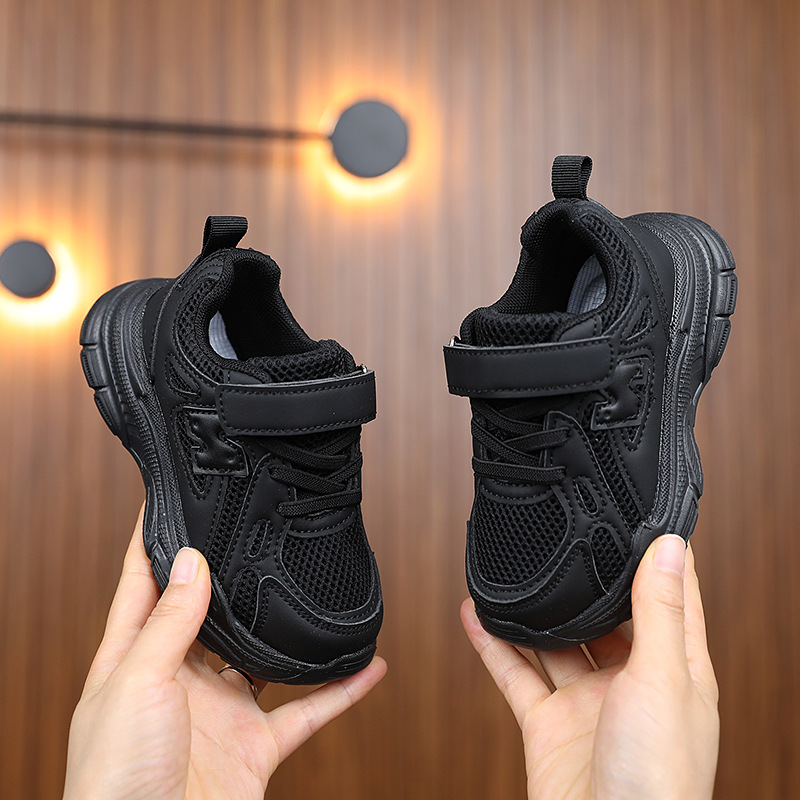 Boys' Black Athletic Shoes Breathable Mesh EVA Ultralight Running Sneakers For Medium And Large Children Girls' Chunky Sneakers_voghion.com