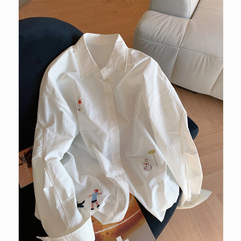 法式白色卡通刺绣衬衫女2025秋季新款设计感小众宽松百搭长袖衬衣|undefined