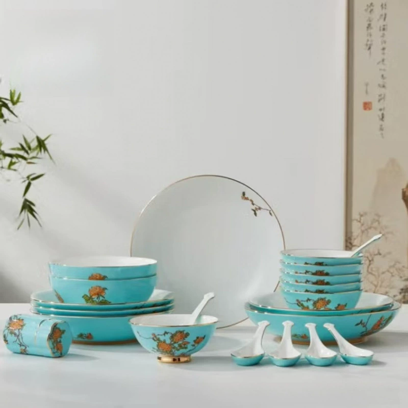 Yongfengyuan National Porcelain Yongfengyuan Lady Porcelain-West Lake Blue 22-piece medium tableware set for gift home Chinese style