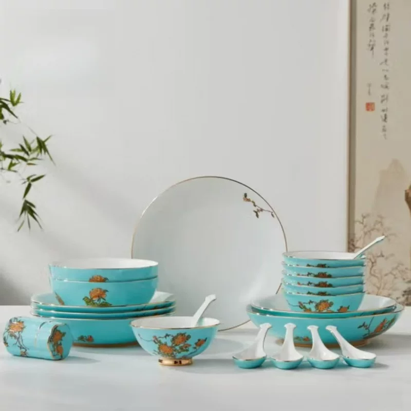 Yongfengyuan National Porcelain Yongfengyuan Lady Porcelain-West Lake Blue 22-piece medium tableware set for gift home Chinese style