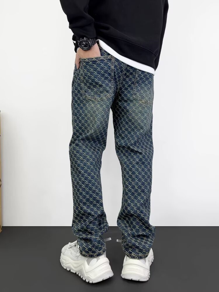 Men's Clothing High End Men's Straight Leg Jeans Streetwear American High Street Style Cool Edgy Vibe Full Print Embroidery_mkmklike.com