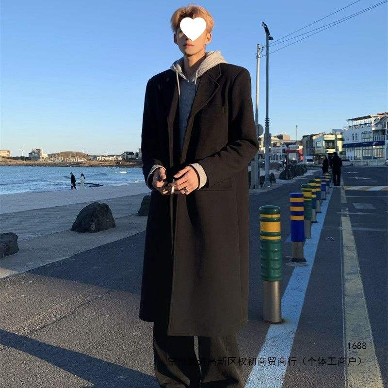 谢尔比中长款毛呢大衣男生冬季英伦风痞帅呢子外套感过膝风衣现货