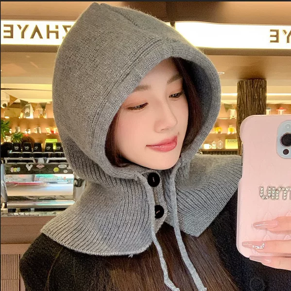 Korean Balaclava Hat for Autumn and Winter, Fashionable Warm Hat for Couples, Integrated Neck Warmer, Knitted Ear Protection Wool Hat