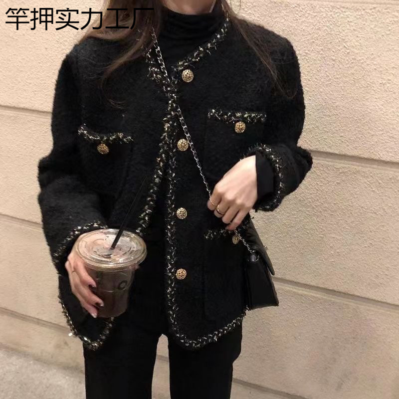Mixed Gold Silk Tweed Chanel-Style Jacket for Women, New Korean Version, Loose and Slimming Color-Block Wool Coat for Spring and Autumn