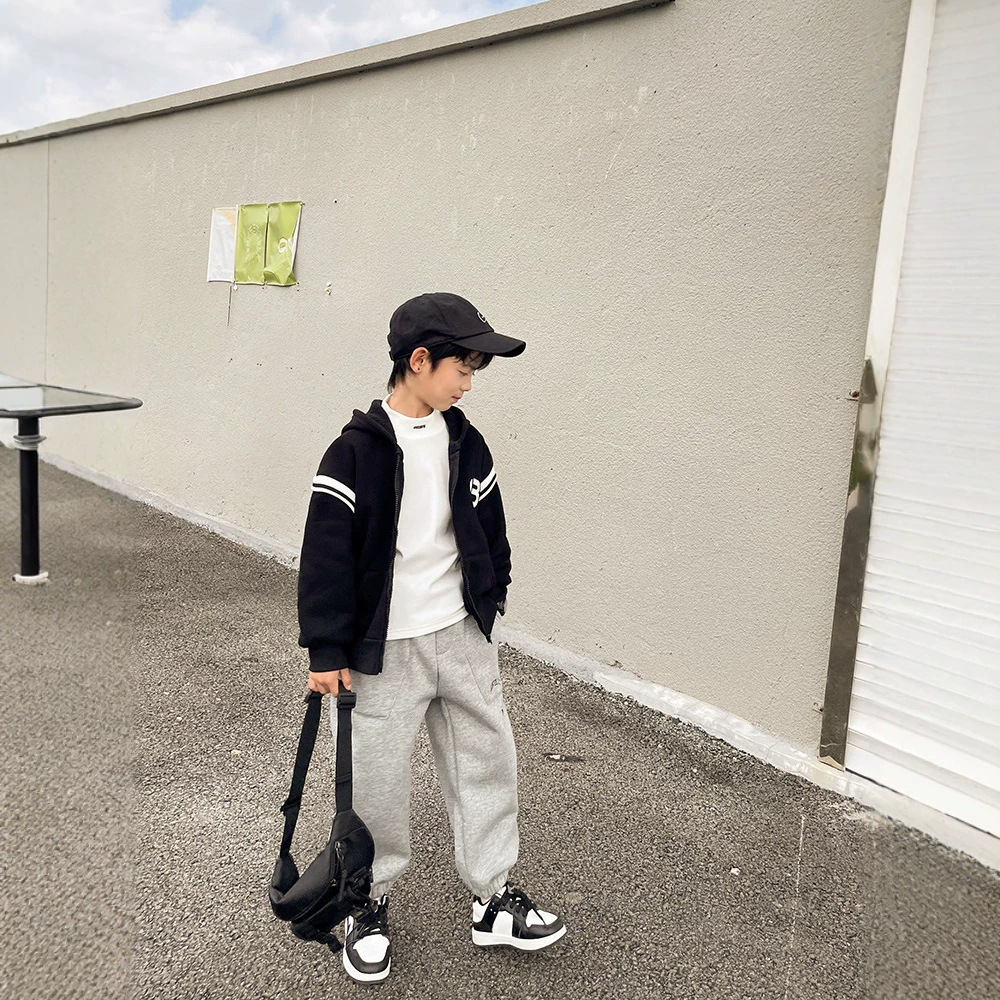 Haima's Boys' Trendy Hooded Jacket, New Autumn 2025 Korean Style Children's Winter Clothing, Fleece-Lined and Warm
