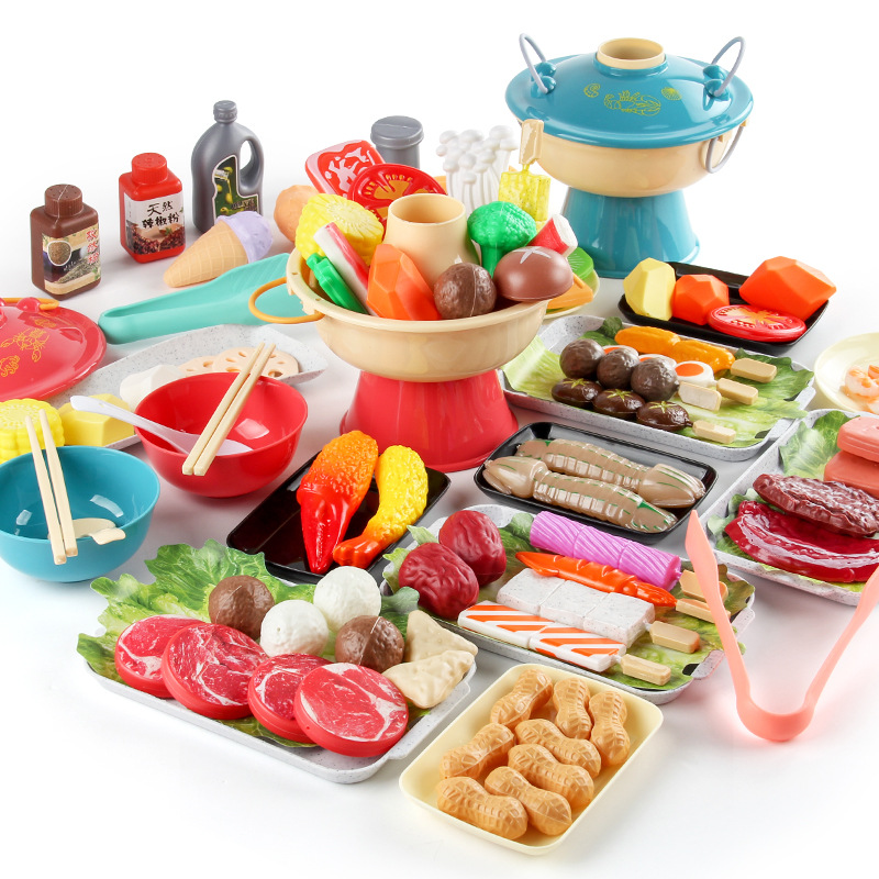 Casa de juego de los niños juguetes de cocina olla caliente brochetas barbacoa traje pequeño olla caliente brochetas ingredientes utensilios de cocina caja de color