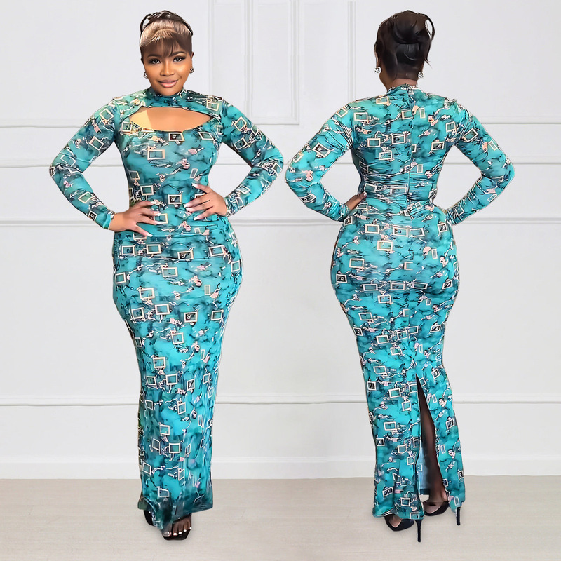 10219 Cross-border Europe and America Amazon Elegant High Neck Long Sleeve Slim-fit Women's Split Printed Long Dress Dress