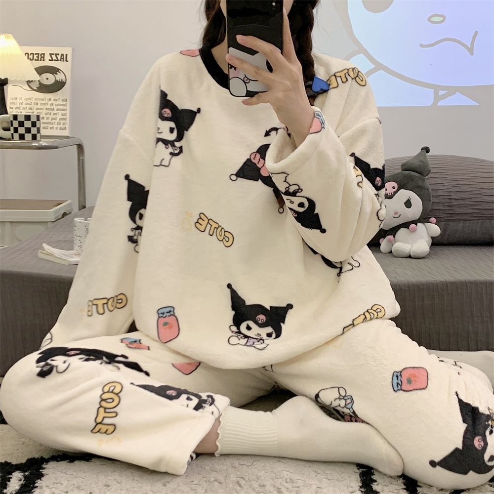 Al por mayor transfronterizo otoño y invierno nuevos pijamas de niñas de franela gruesa hoodie de cuello redondo dibujos animados calentamiento conjunto de ropa doméstica