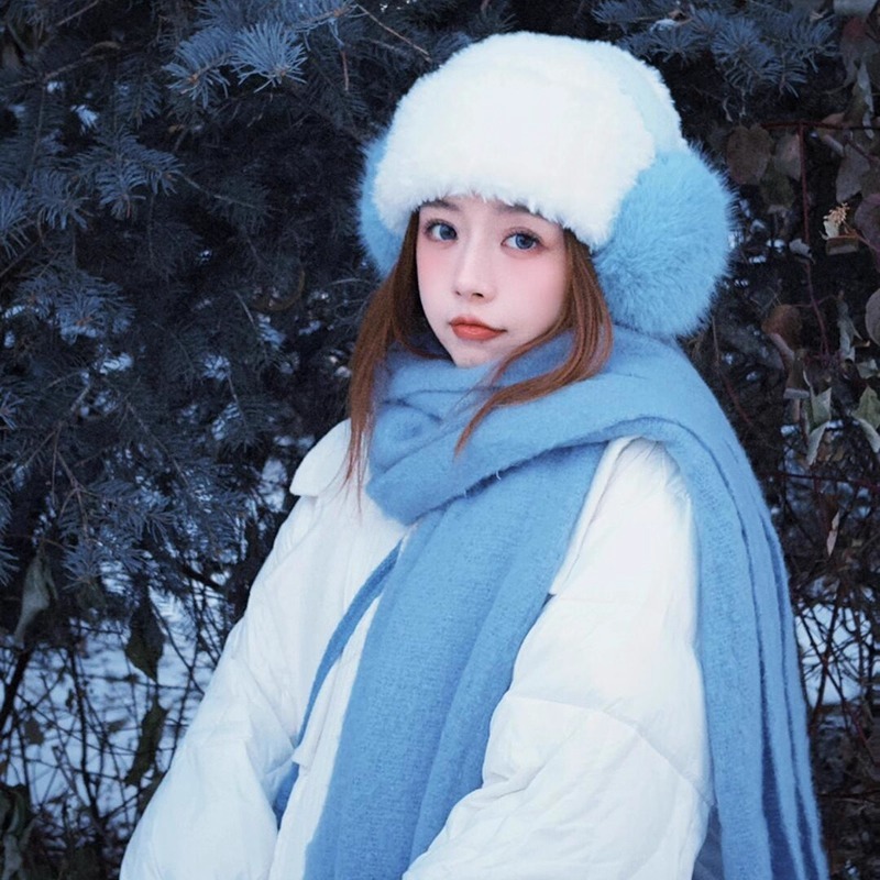 李一桐同款冬季氛围感加厚围巾女秋冬新款克莱因蓝马海毛围脖护脖|undefined