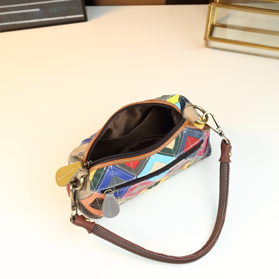 Women's Ethnic Style Colorful Plaid Genuine Leather Shoulder Crossbody Bag Small Pillow Bag Random Color Blocking Design_voghion.com