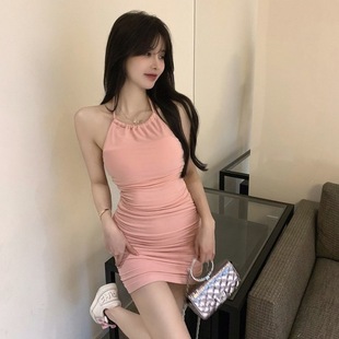 2024 Summer New Neck-hanging Backless Hip Skirt Pure Desire Ins Hot Girls Pleated Slim-fit Slim-fit dress