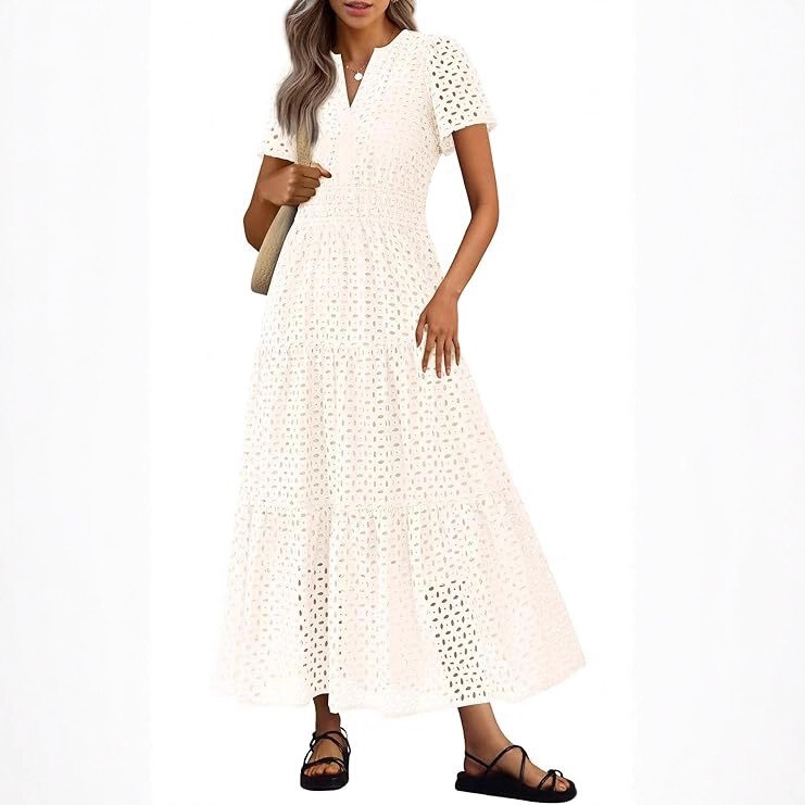 Amazon's new product: ultra-long dress with short sleeves, V-neck, hollow-out eyelets, long flowing beach vacation dress Amazon's new product: ultra-long dress with short sleeves, V-neck, hollow-out eyelets, long flowing beach vacation dress